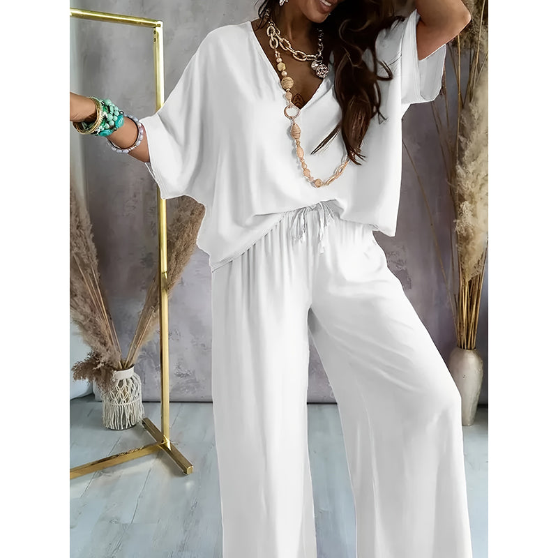 Damen 2-teiliges Outfit, lässiges einfarbiges V-Ausschnitt Halbarm-Top und weite Hose Lounge Set