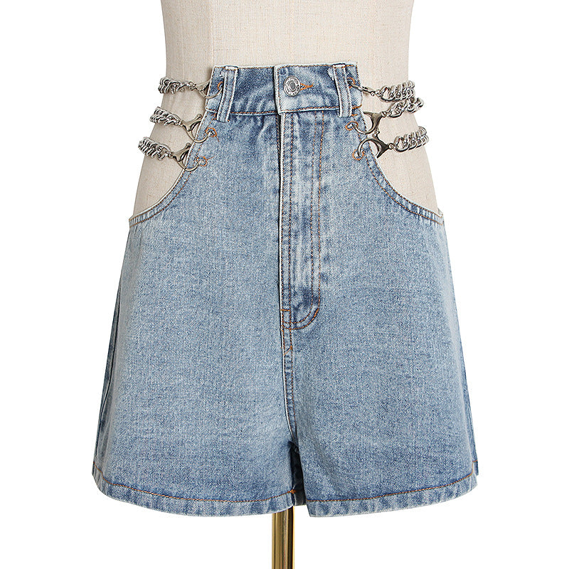 Damen High-Waist-Jeans-Shorts mit Kette – weites Bein Street Style Jeans-Shorts