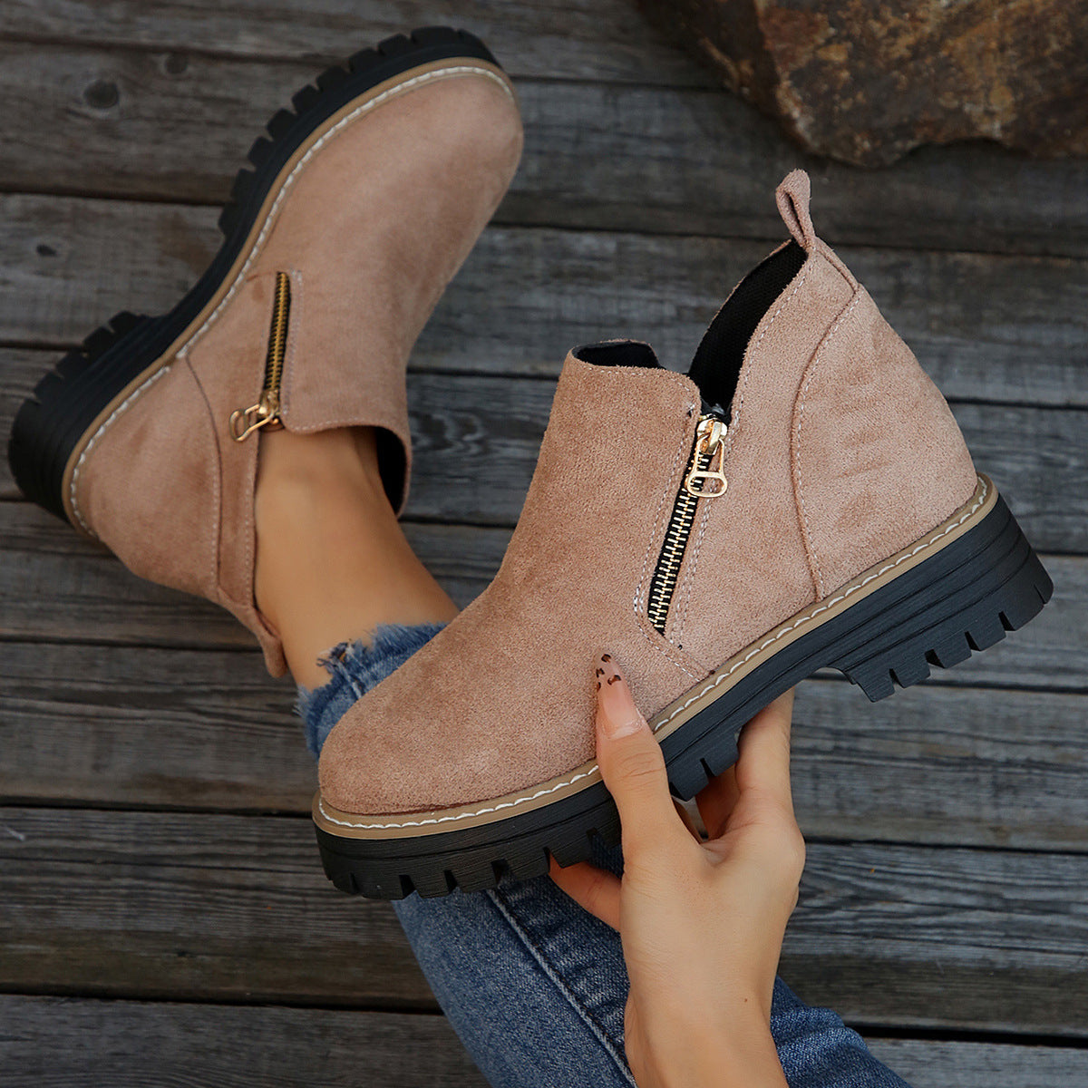 Women's Suede Chunky Ankle Boots – Block Heel Side Zipper | EU 36–43