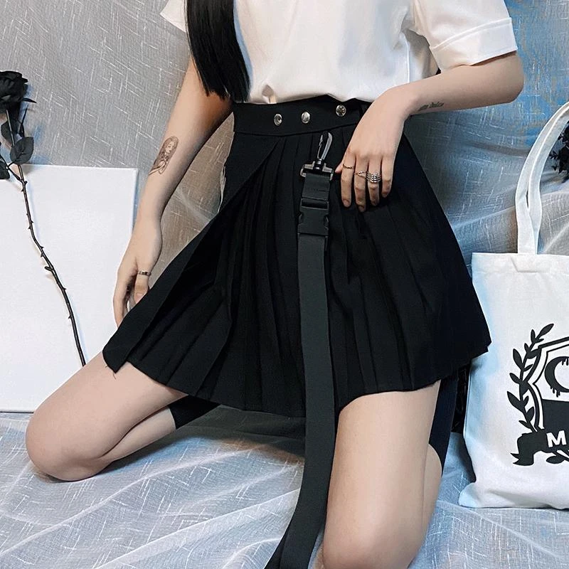 Jupe plissée brodée taille haute pour femme – Coton, Noir Argenté