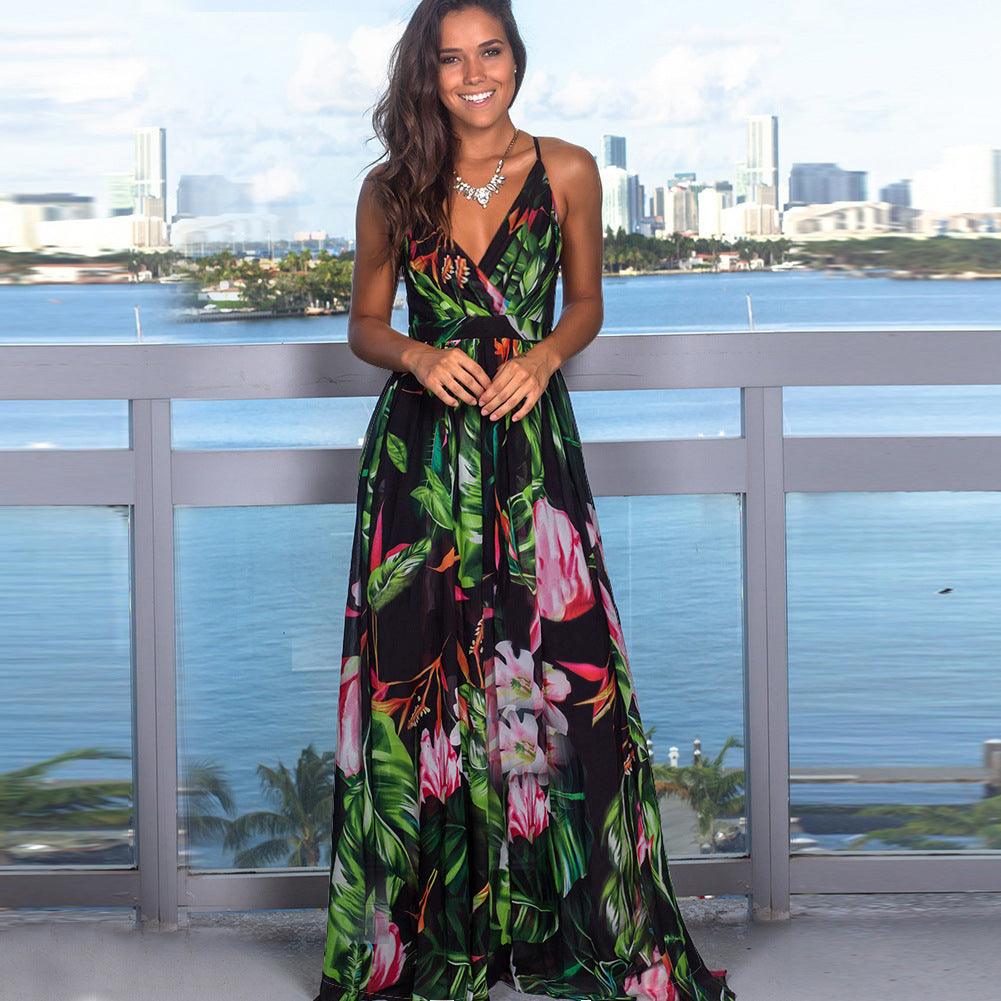 Women's Sling Backless Beach Dress – High Waist Maxi Swing Skirt