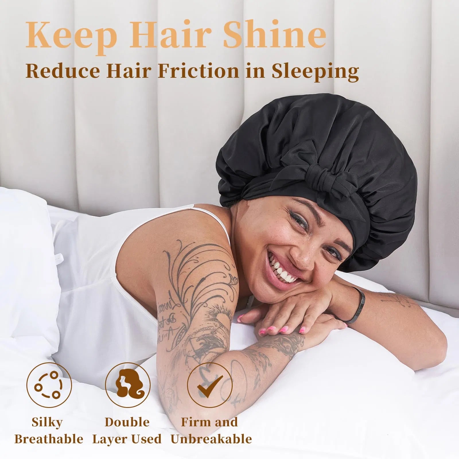 Black silk satin sleep bonnet for women, adjustable double-layer hair bonnet for curly and natural hair – AdriaPulse"