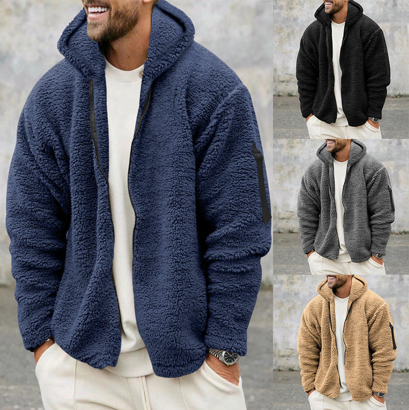 Herren-Plüsch-Kapuzenfleecejacke – Wendemantel mit zwei Seiten