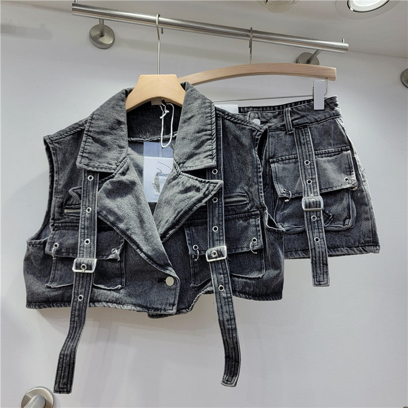 Women's retro black denim two-piece suit with top and pants, elegant workwear commute style – AdriaPulse"