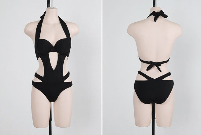 Schwarzer Neckholder Cut-Out Bandage Monokini | Push-Up Brazilianischer Einteiler für Damen