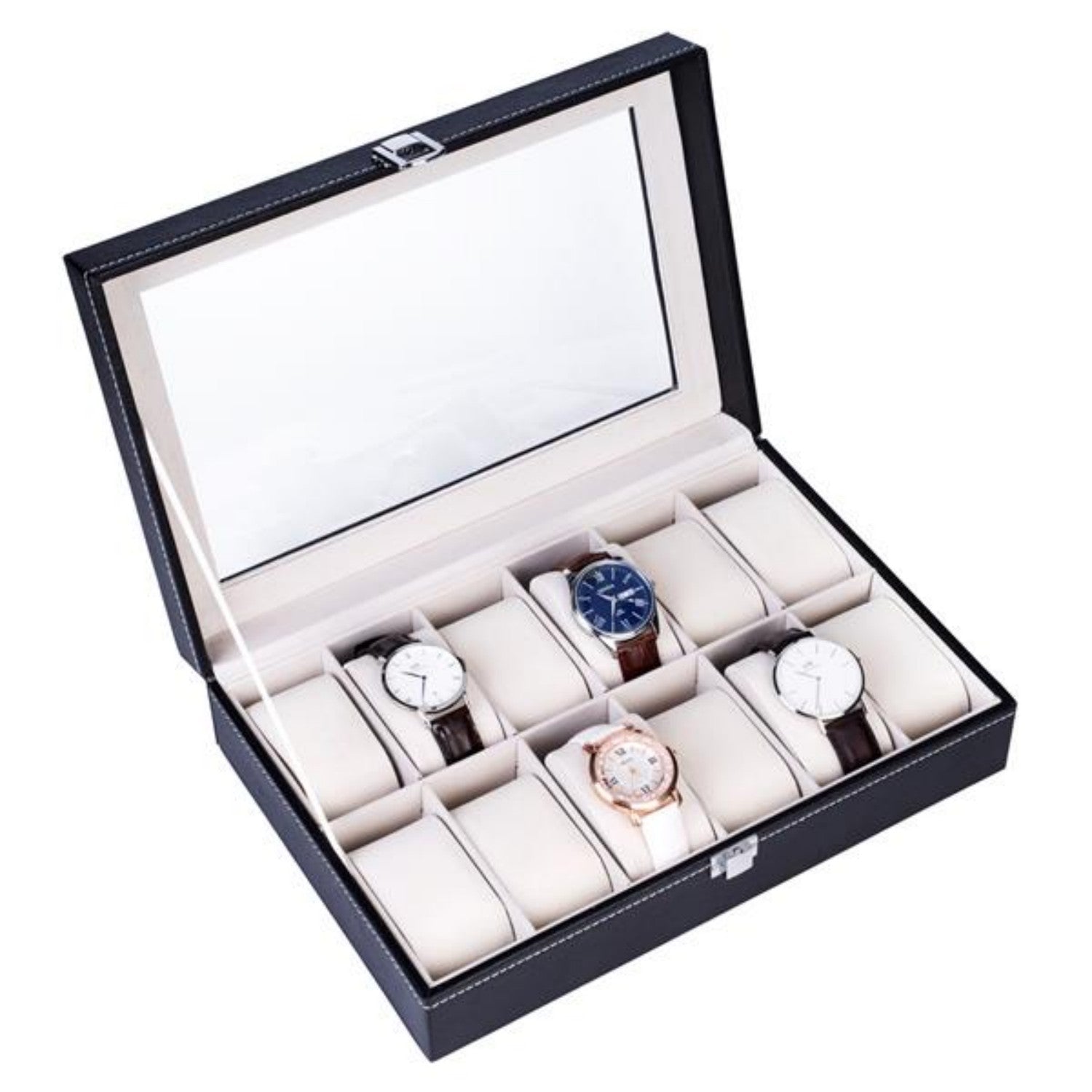Black 12 slot leather watch box display case and jewelry organizer for men and women, top-opening lid – AdriaPulse"
