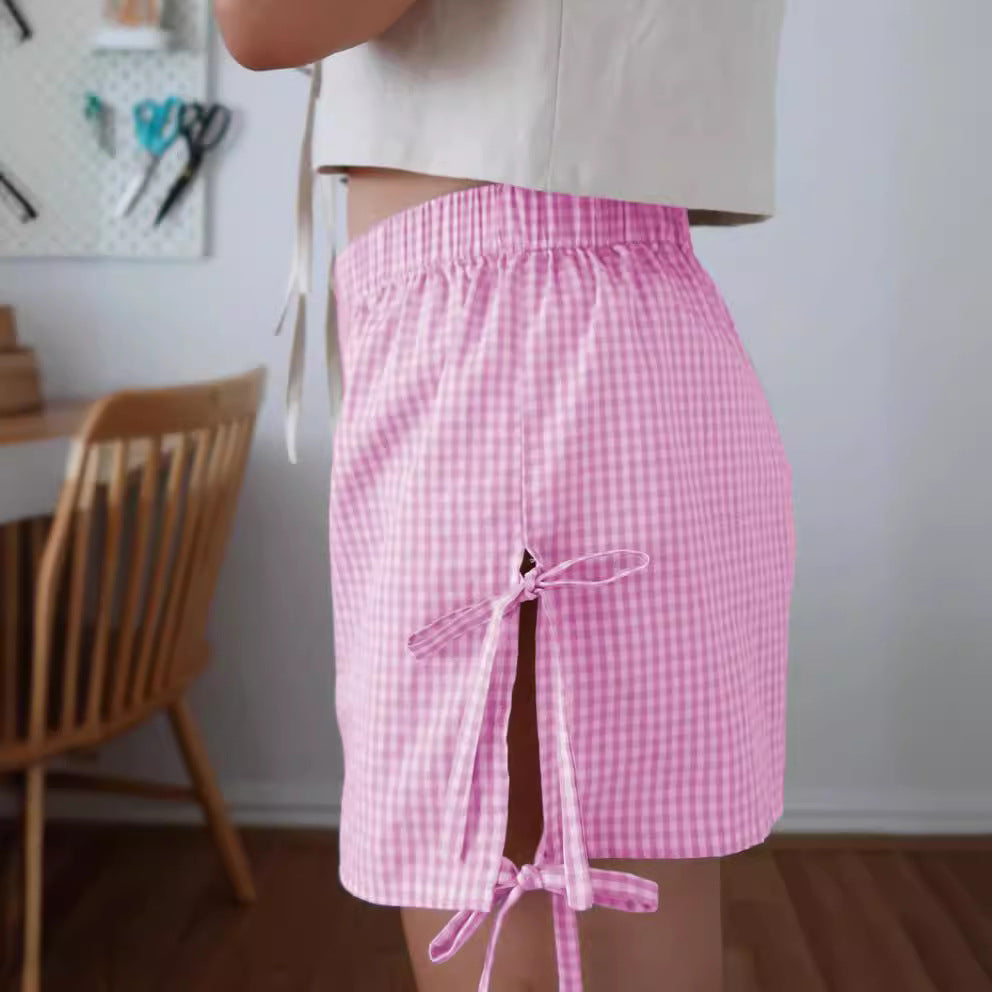 Damen Karierte Schnürshorts – Locker sitzende Y2K-Sommerhose mit elastischem Bund