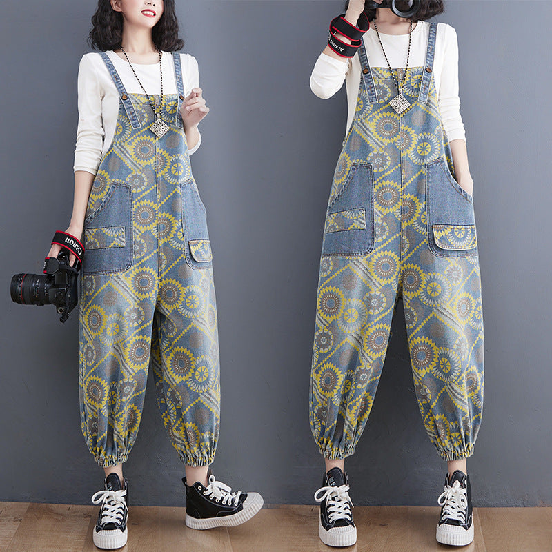 Women's slim-fit high waist printed denim overalls with suspender straps in blue, urban casual spring style – AdriaPulse"