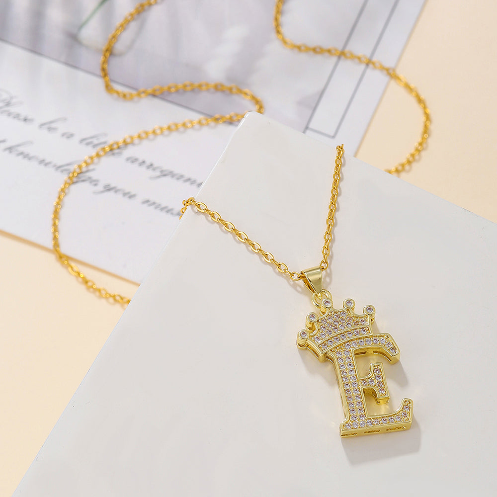 Gold Crown Initial Letter Pendant Necklace – Zircon A–Z Alphabet Jewelry