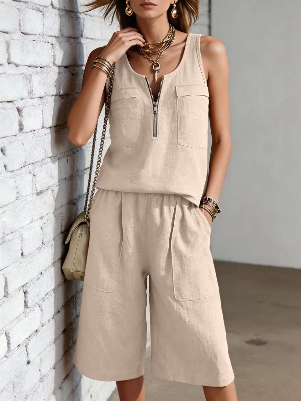 Women's Sleeveless Tank Top & Capri Pants Casual Two-Piece Set Beige – AdriaPulse