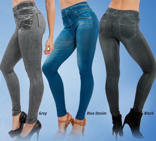 Women's slim-fit denim jean leggings in a 3-pack set – black, blue and gray pencil cut pants, all-season style – AdriaPulse"