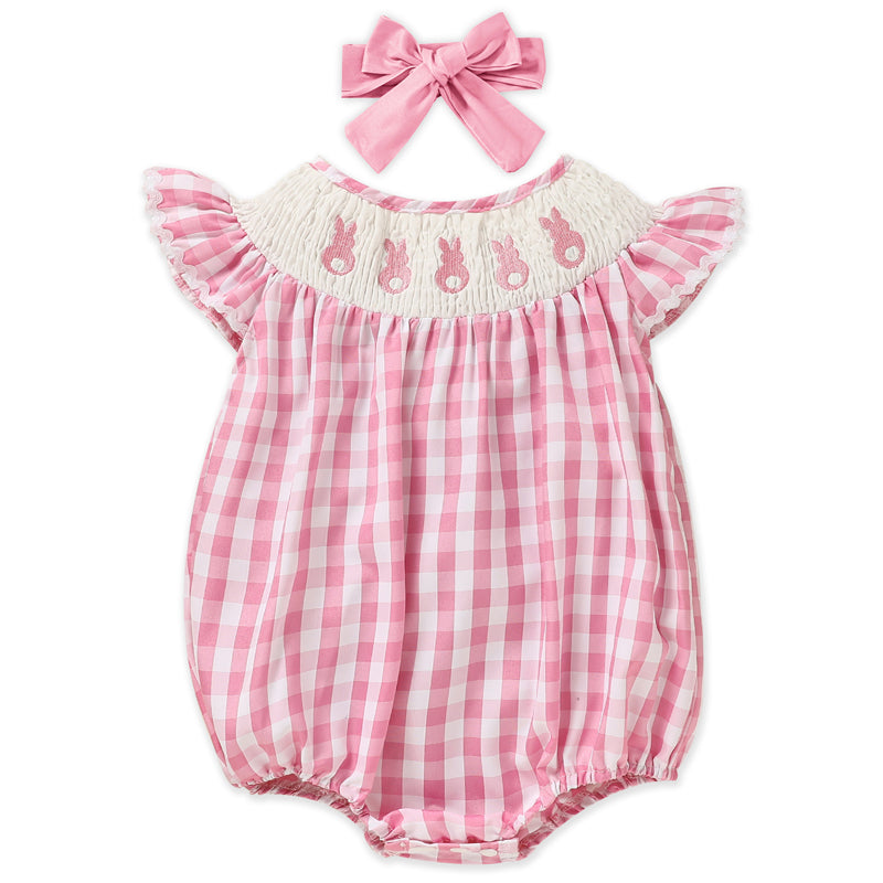 Baby Girl's Cute Bunny Romper Set, Cap Sleeve Bunny Embroidery Outfit With Headband - Pink Checkered Playsuit