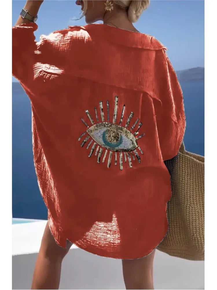 Frühling Sommer Mode Pailletten Augen Hemdblusenkleider 2024 Damen Casual Strand Stil Loose Button Sonnenschutz Hemdkleid