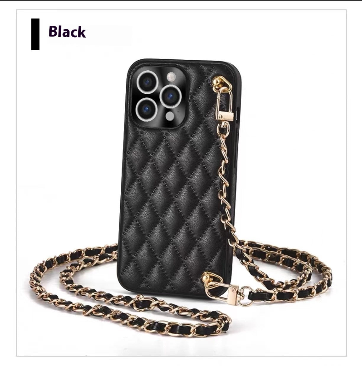 Diamond Plaid Crossbody iPhone Case – Faux Leather Wallet Case with Chain Strap