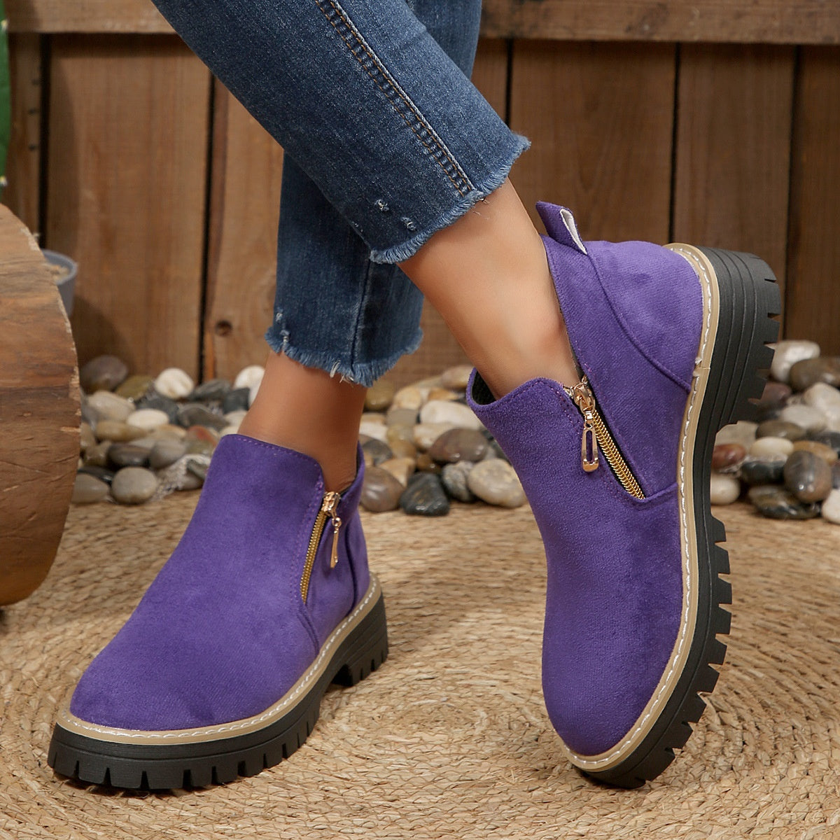 Women's Suede Chunky Ankle Boots – Block Heel Side Zipper | EU 36–43