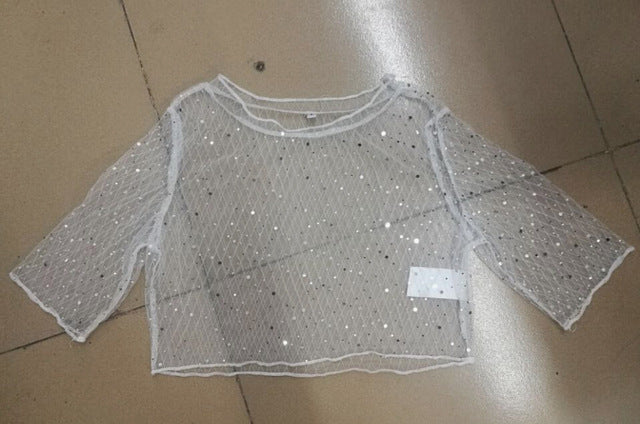 Women's Mesh Rhinestone T-Shirt Sheer Slim Fit Black White – AdriaPulse
