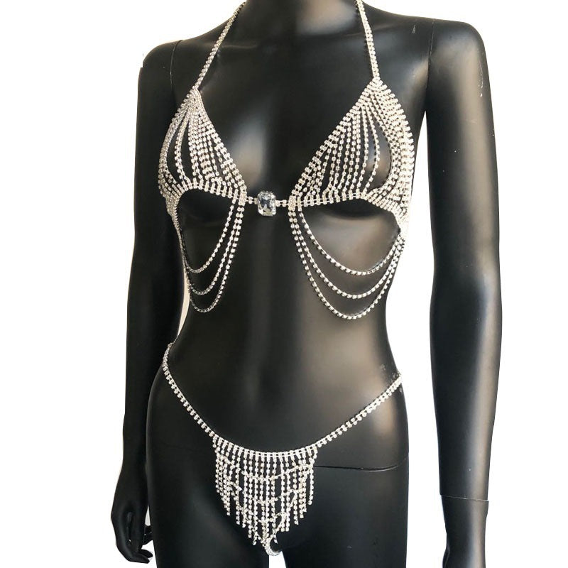 	Rhinestone Tassel Bikini Body Chain Silver Set – AdriaPulse