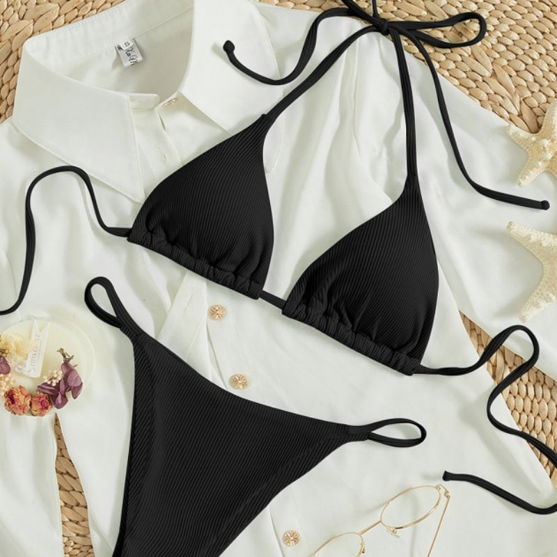 Women's Sexy Ribbed Tie Bikini Set – V-Neck Two-Piece Swimsuit