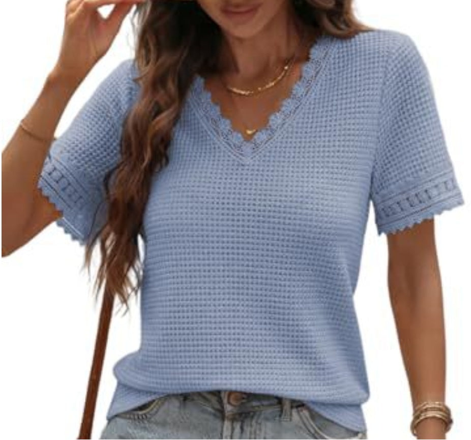 Women's V-Neck Waffle Knit Lace Patchwork T-Shirt  AdriaPulse
