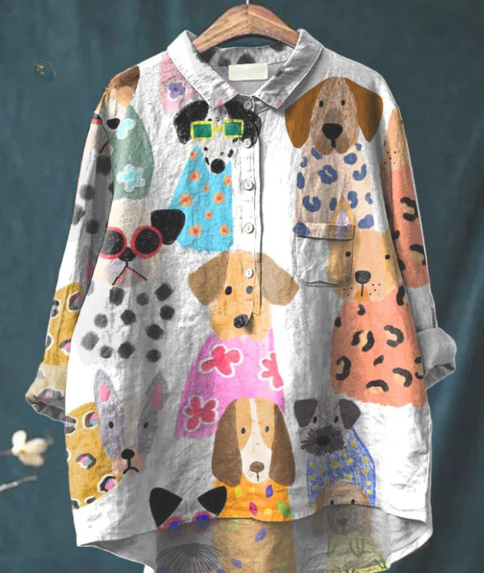 Casual Graffiti Print V-neck Single-button Long-sleeved Shirt