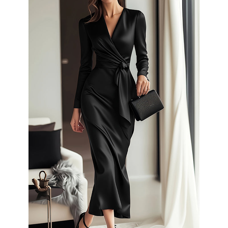 Women's Burgundy Satin Midi Dress V-Neck Long Sleeve Bodycon with Belted Waist Burgundy Front View – AdriaPulse