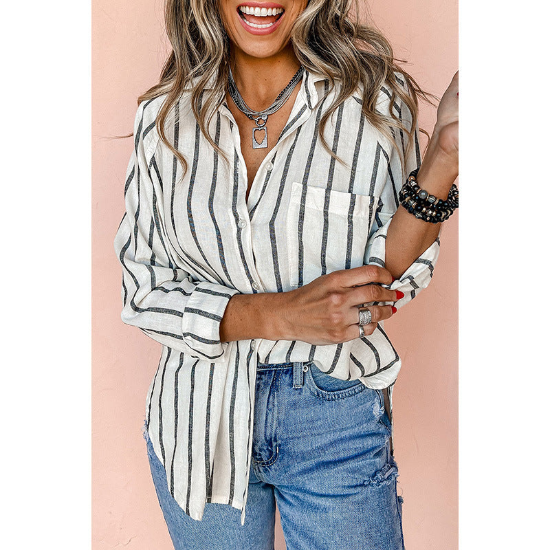 Women's Polo Collar Striped Long Sleeve Shirt  – AdriaPulse
