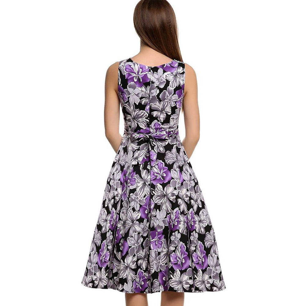 Robe midi sans manches imprimée floral pour femme – Mélange de coton, coupe princesse