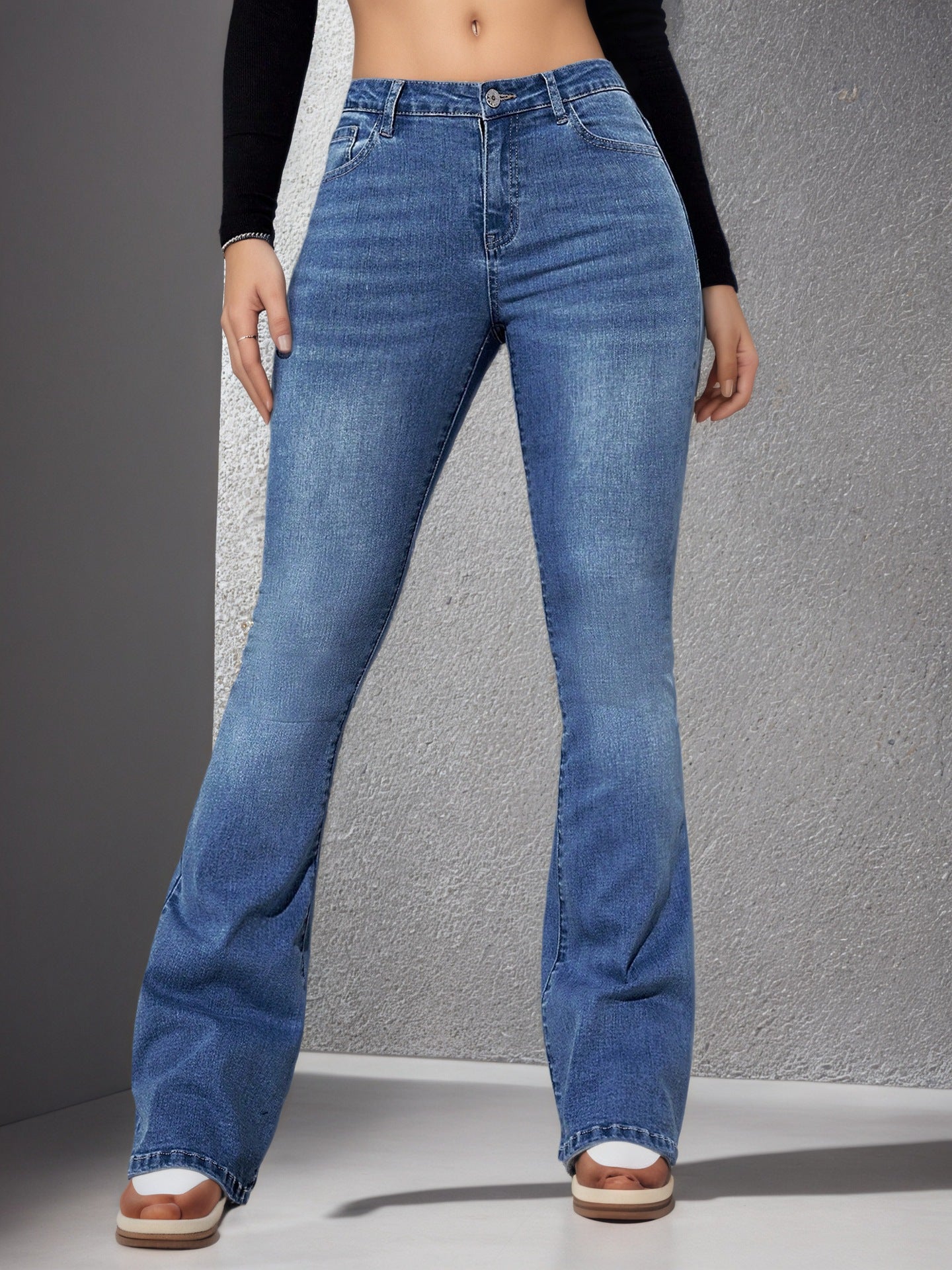 Women's Stretch Flared Denim Jeans High Rise Ice Washed in Sapphire Blue – AdriaPulse