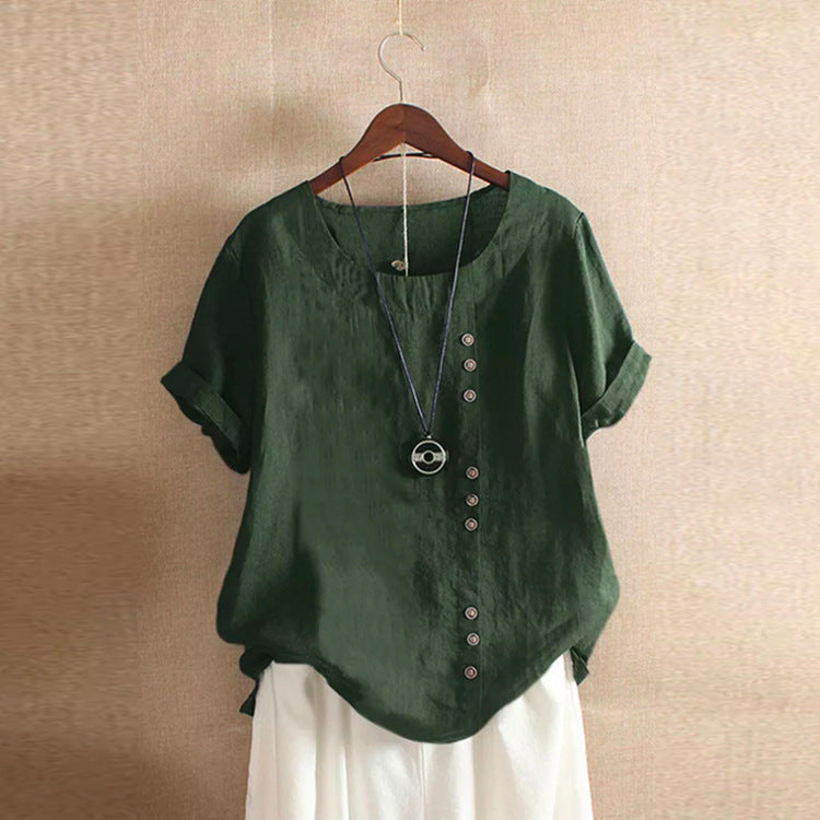 Women's Cotton Linen Short Sleeve T-Shirt Casual Spliced – AdriaPulse"