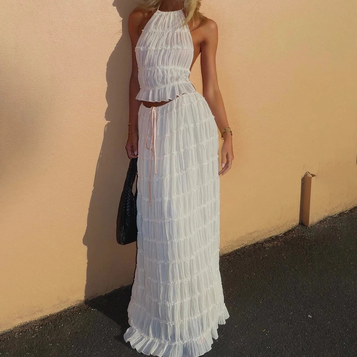Women's Halter Crop Top Pleated Maxi Skirt Set Sexy Backless 2-Piece Beach Dress Suit – AdriaPulse
