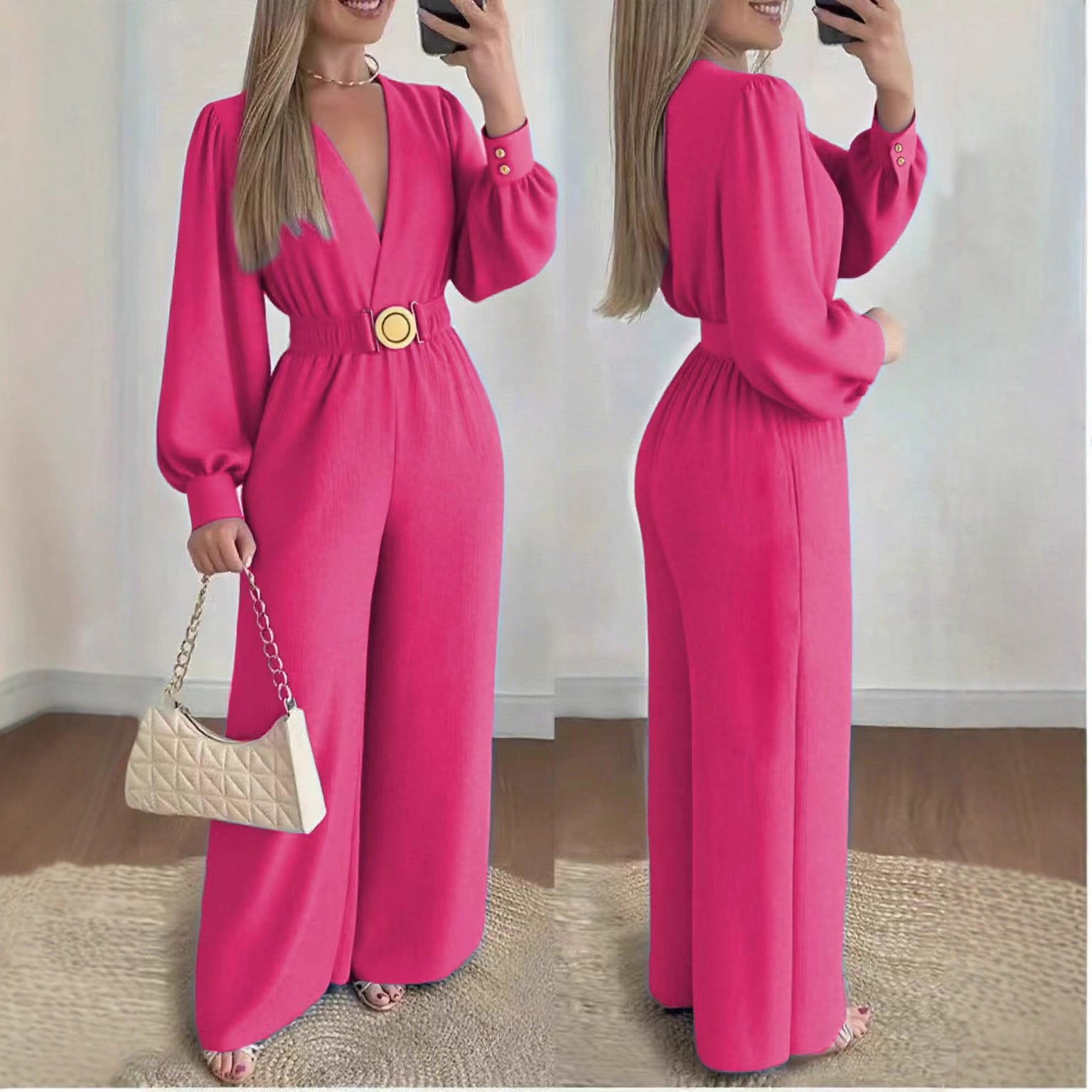 Women's Deep V-Neck Long Sleeve Jumpsuit Elegant  – AdriaPulse