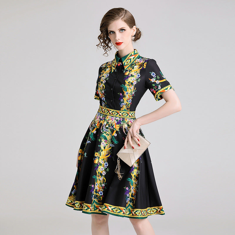 Damen A-Linien Midi-Kleid mit Blumenmuster – Kurzarm, Polokragen