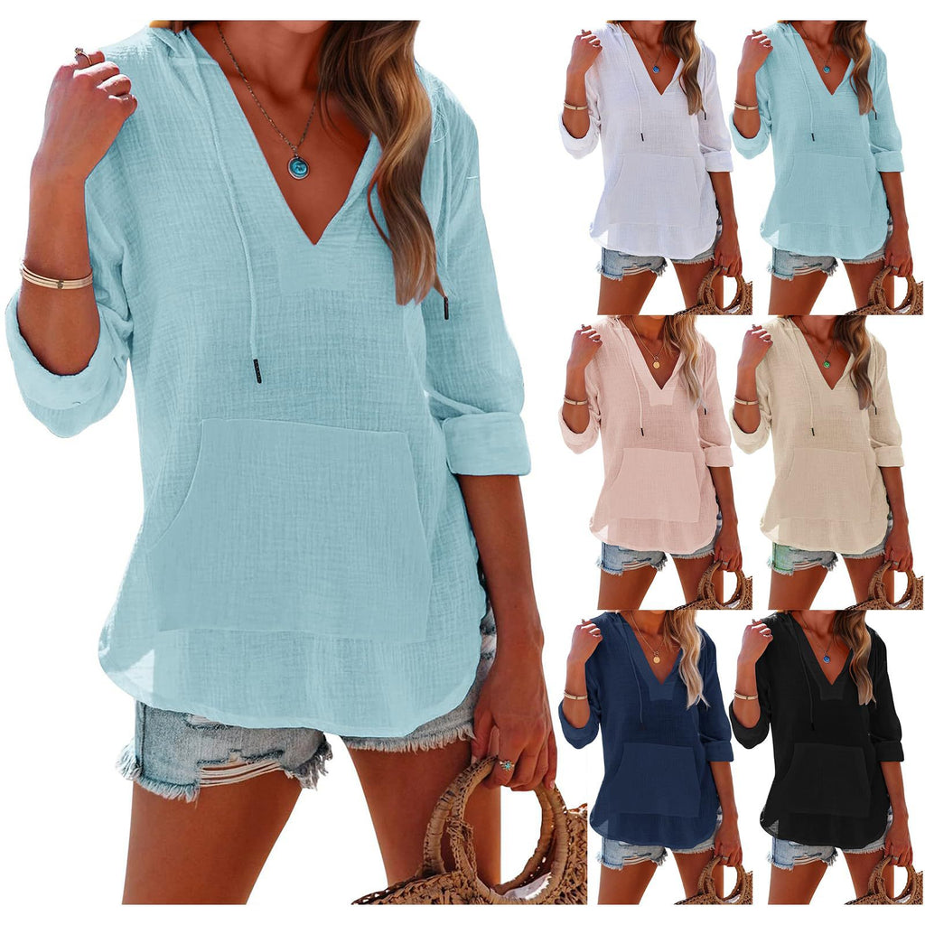 T-shirt à capuche à manches longues et col en V pour femme avec poches – Haut ample en coton