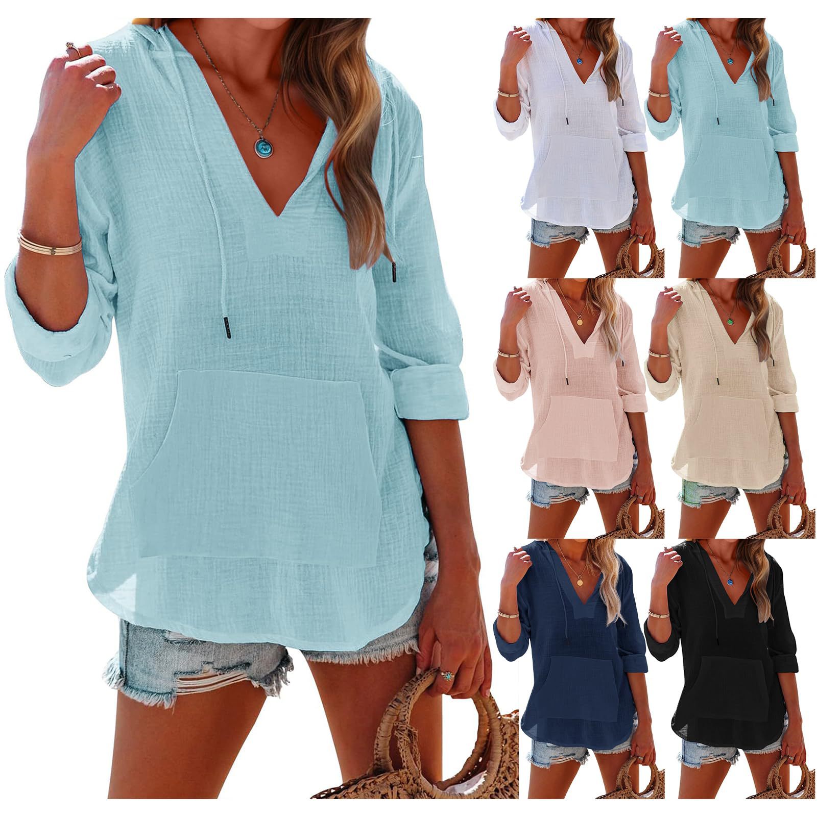 T-shirt à capuche à manches longues et col en V pour femme avec poches – Haut ample en coton