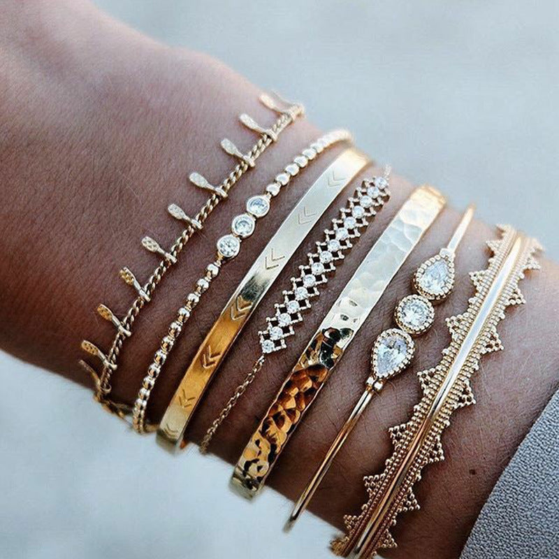 Diamond Bangle Bracelet Set – Gold Geometric Alloy Jewelry for Women