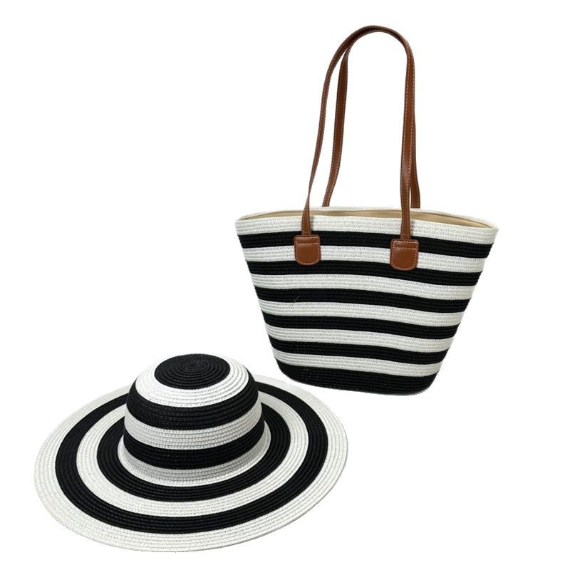 Women's Straw Beach Sun Hat & Shoulder Bag Set – Hand-Woven Boho Summer Accessory