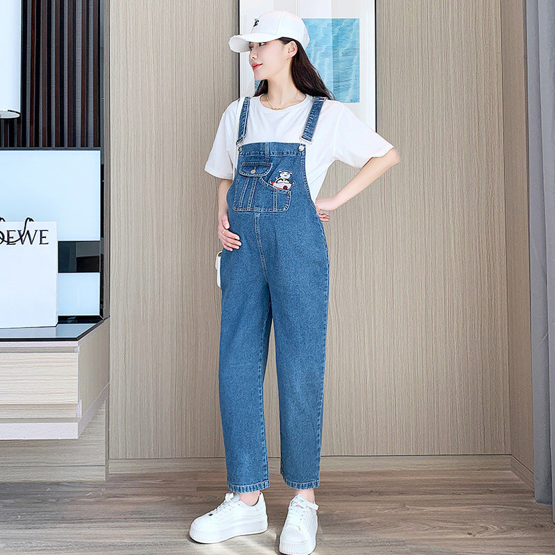 Maternity Denim Overalls – Loose Belly-Support Suspender Pants for Pregnancy
