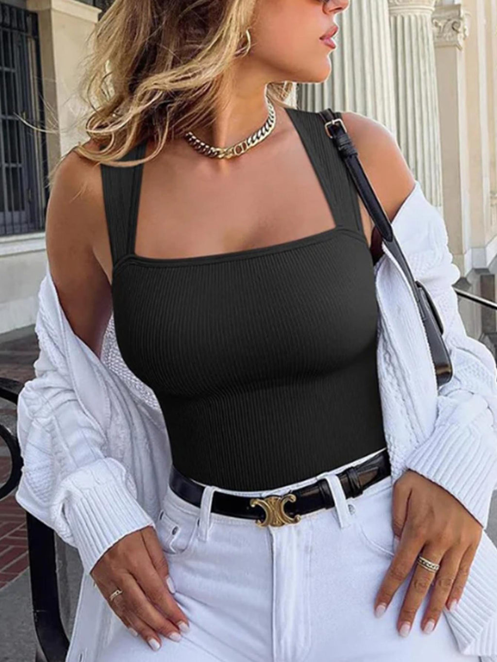 Women's Sleeveless Square Neck Ribbed Yoga Bodysuit Jumpsuit Coffee AdriaPulse