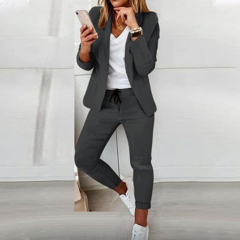 Women's Notch Lapel Blazer & Drawstring Pants Suit Set – Business Casual