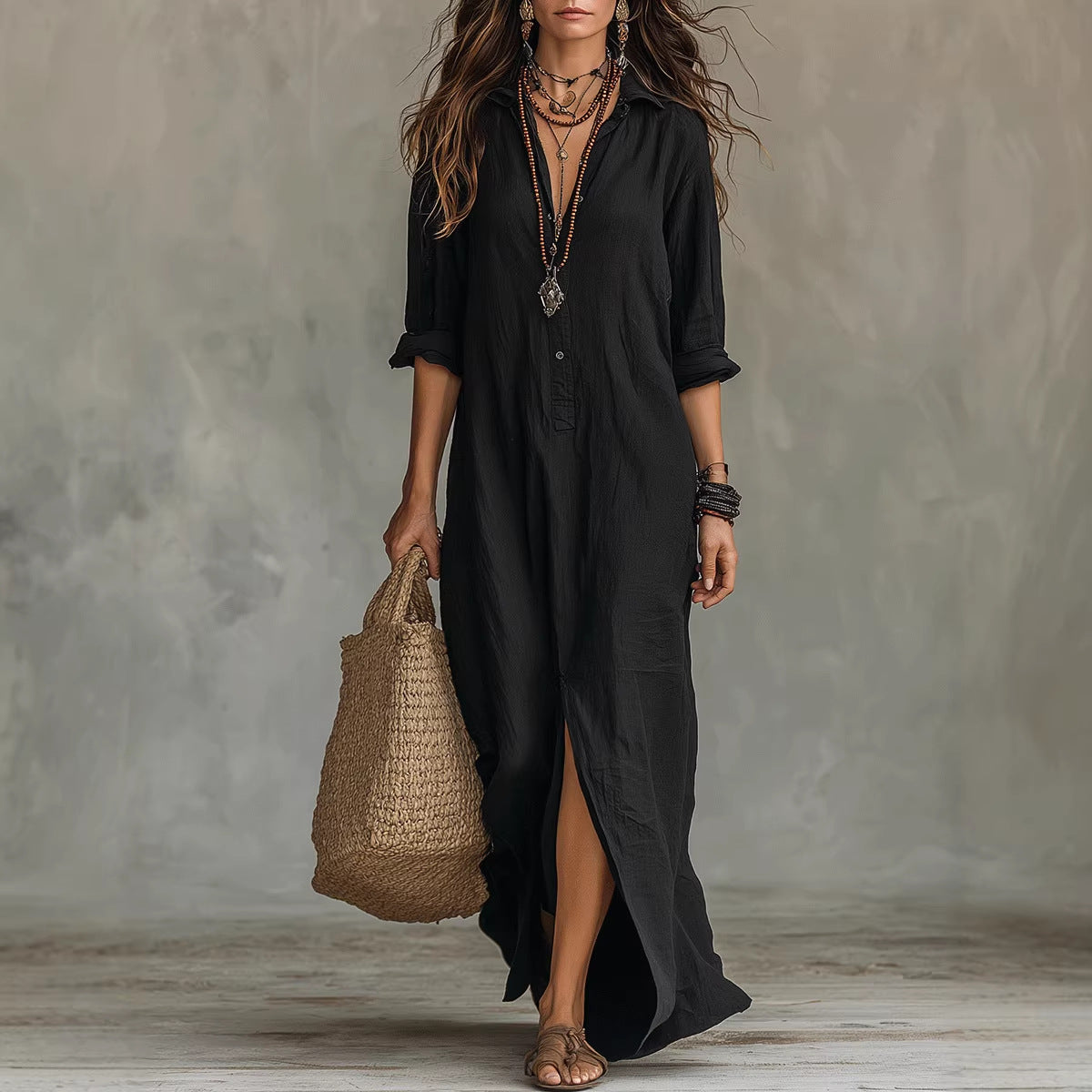 Women's Long Sleeve Maxi Dress Casual A-Line Side Slit Beach Dress – AdriaPulse" eklendi