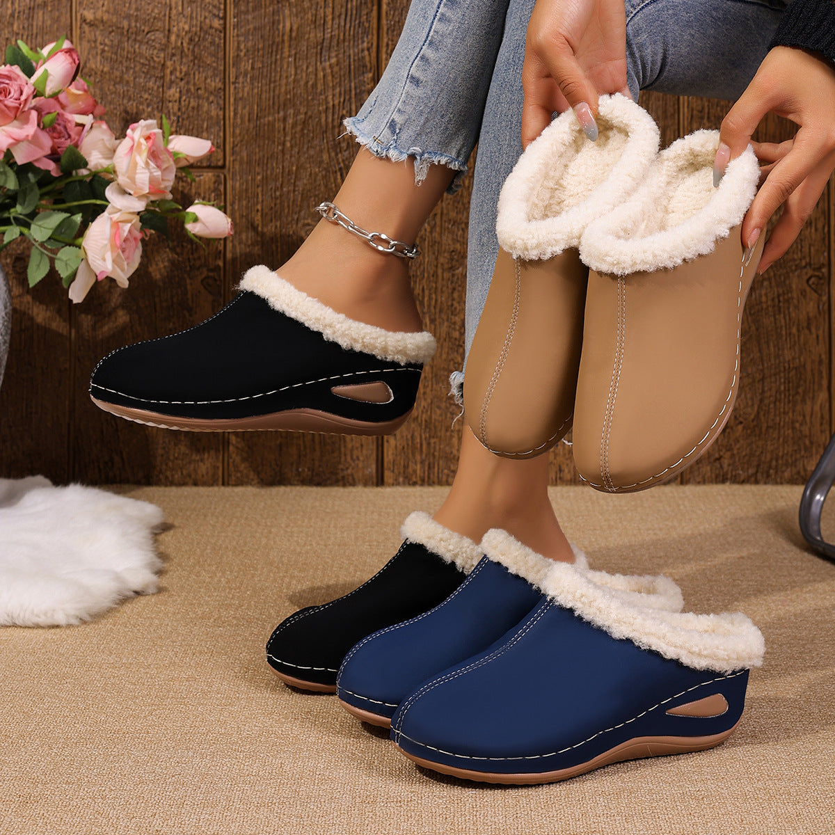 Plüsch-Keilsandaletten für Damen – Outdoor-Gartensandalen