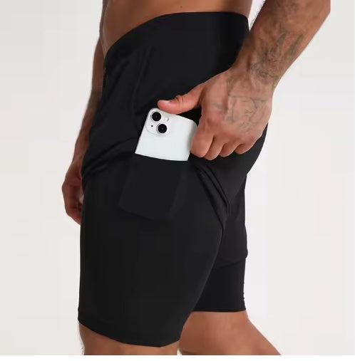 Men's 2-In-1 Quick Dry Breathable Gym Shorts – Black – Front View | AdriaPulse