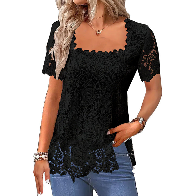 Women's Rose Lace Slim Fit T-Shirt Black – AdriaPulse