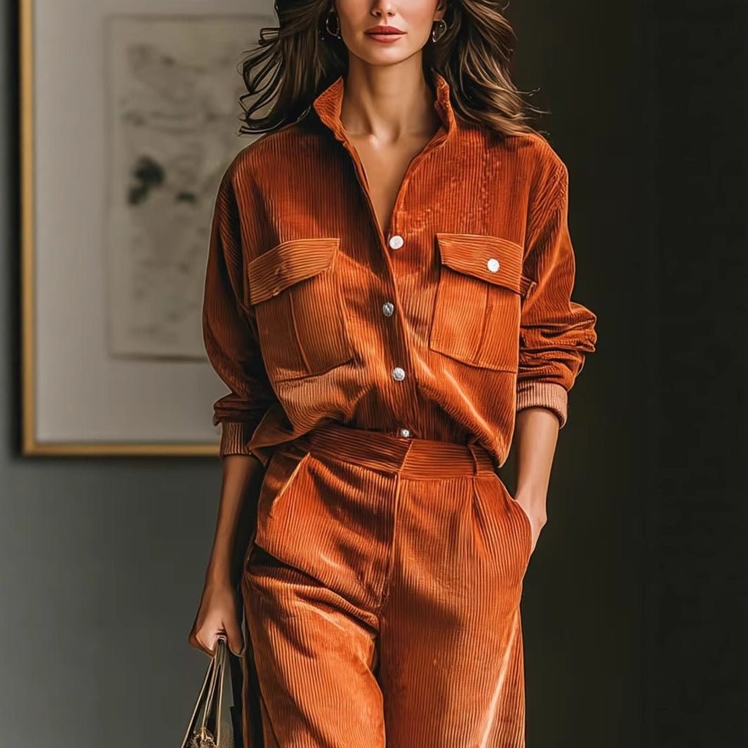 Retro Casual Caramel Corduroy Shirt & Wide-Leg Pants Set