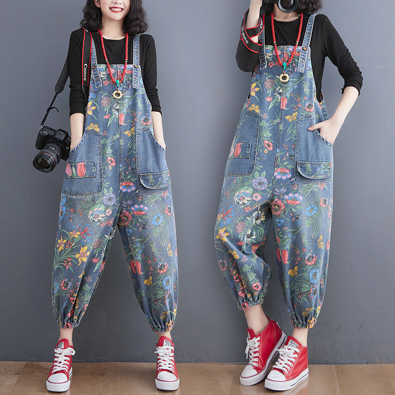 "Women's slim-fit printed denim overalls with high waist and suspender straps in blue, spring casual style – AdriaPulse"