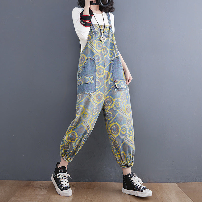 Women's slim-fit high waist printed denim overalls with suspender straps in blue, urban casual spring style – AdriaPulse"