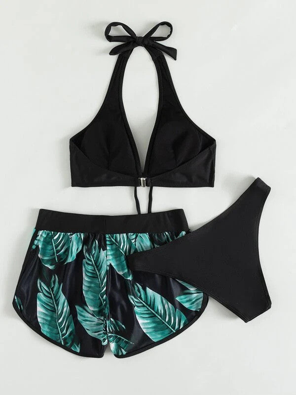 Women's 3-Piece Leaf Print Bikini Set with Shorts – Polyester Spandex, S–XL