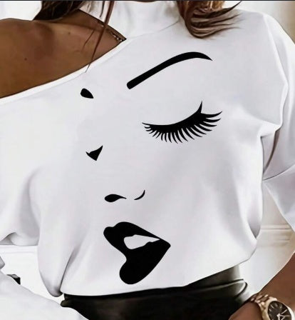 Women's White Open Shoulder Cartoon Graphic Long Sleeve T-Shirt – AdriaPulse