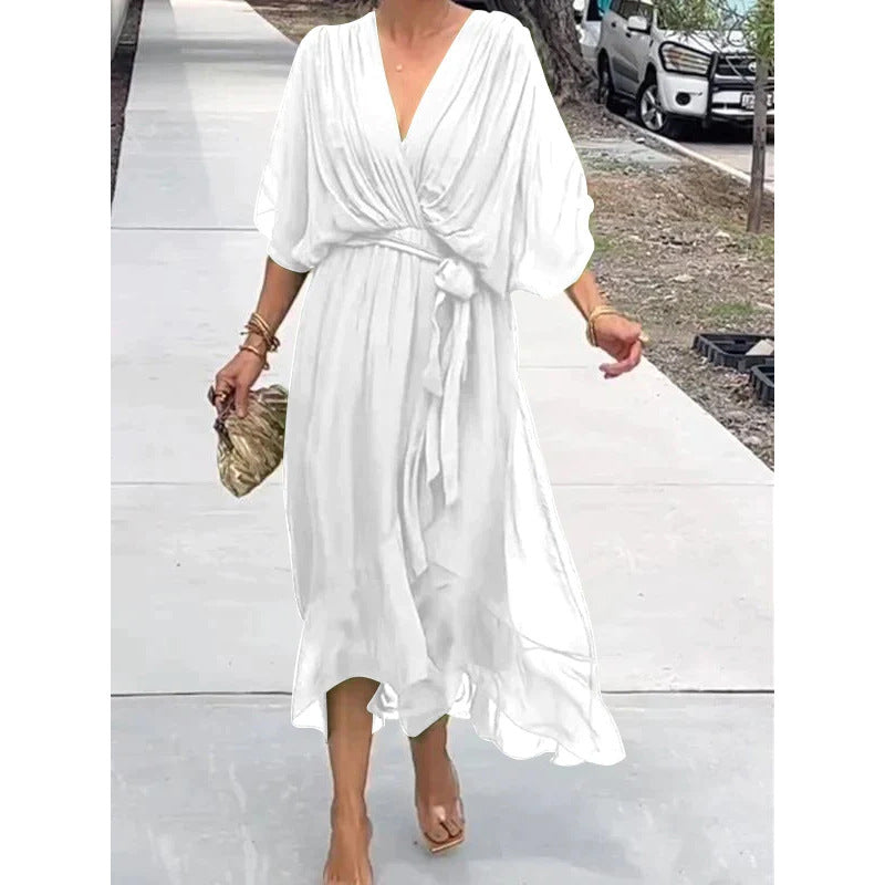 Batwing Sleeve V-Neck Midi Dress Flowy Tied Fairy Dress Women AdriaPulse
