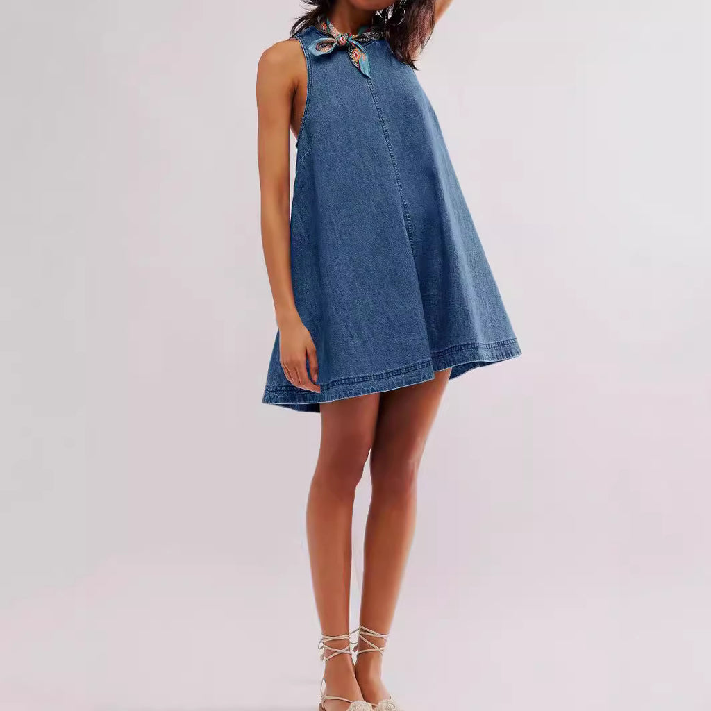 Sleeveless Backless Denim Mini Dress Dark Blue | AdriaPulse